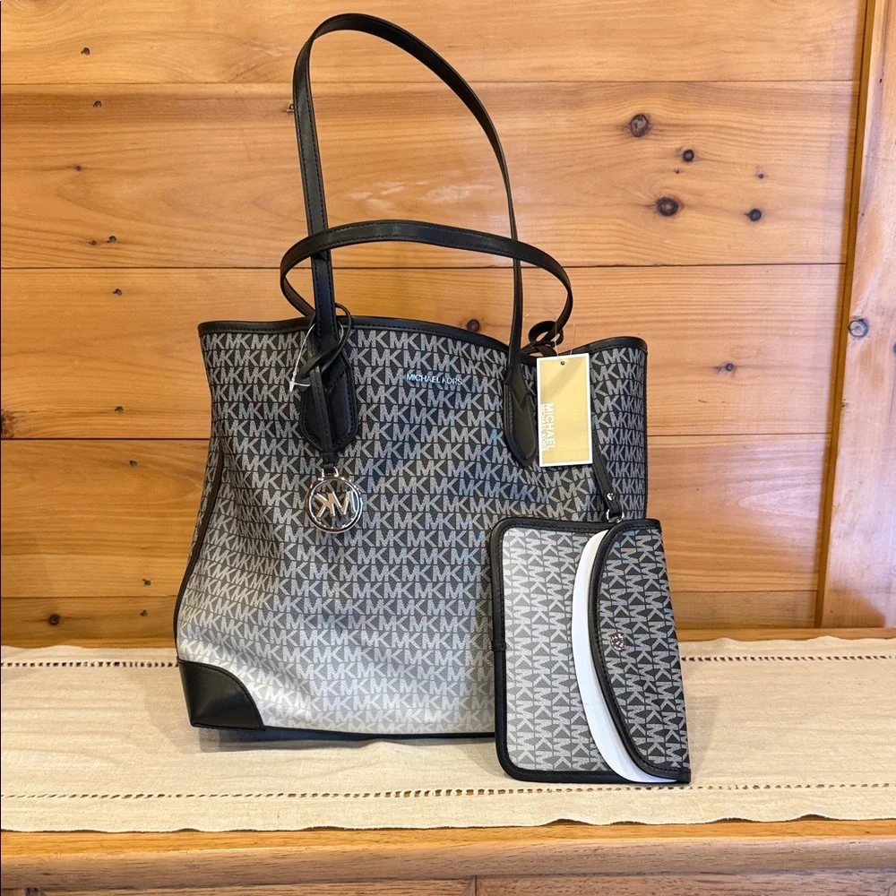 Michael Kors (Eva) Stylish Black and Gray Tote Bag Set - Picture 1 of 8